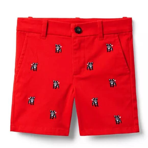 Janie and Jack Embroidered Twill Shorts Frenchy Bulldog Sz 6 12 Mos Red Preppy - Picture 1 of 11